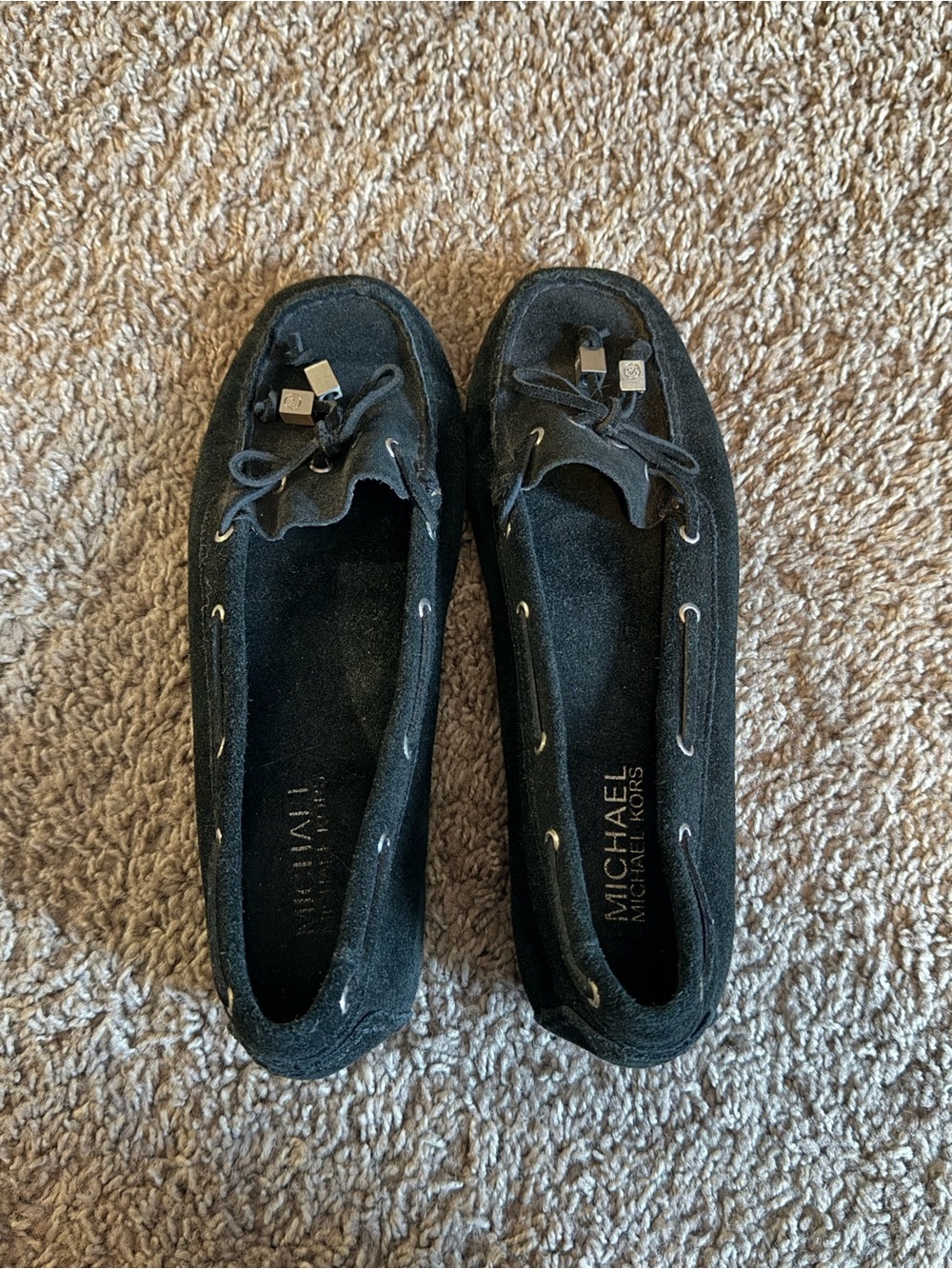 Michael Kors Black Suede Moccasin Loafers with Metal Accents